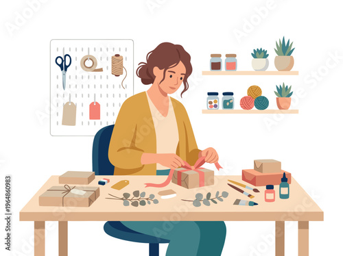 Woman wrapping gifts at a table.
