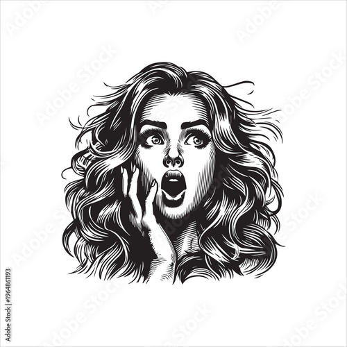 A black and white illustration of a shocked woman with her hand on her cheek, showcasing a vector design logo on a plain background with a sense of surprise and astonishment.