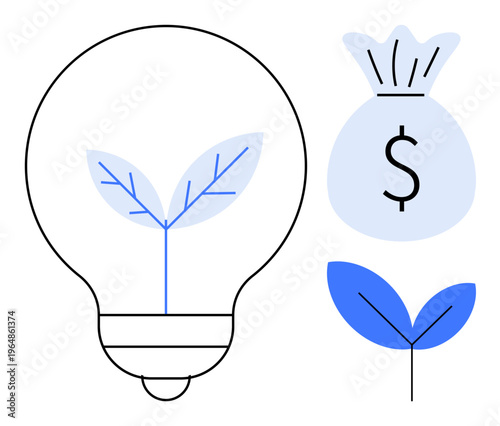 Sustainability, finance, eco-friendly investments, renewable energy, economic growth, nature conservation. Light bulb with plant, money bag with dollar sign blue leaf. Sustainability and finance