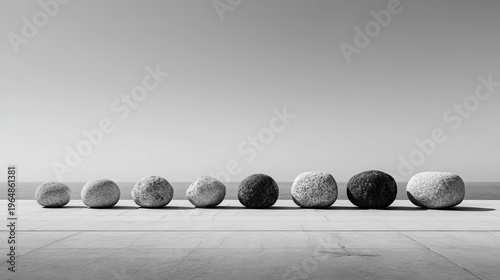 Natural stone shapes arranged in a line on minimalist architecture against a calm ocean backdrop in black and white