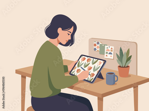Young woman artist drawing flowers on a tablet at her desk.