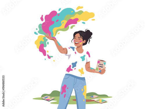 Young Woman Artist Splashing Vibrant Colors.