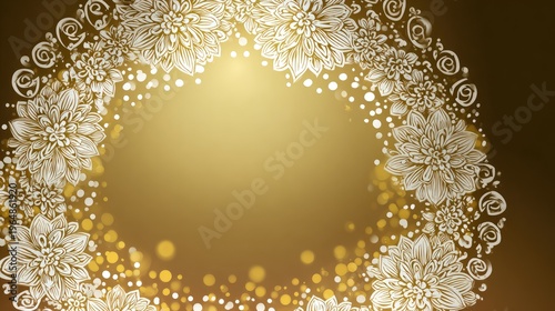 Elegant Floral Frame with Golden Background and Soft Bokeh Effect for Artistic and Decorative Use