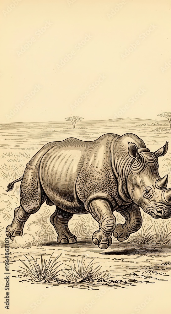 Fototapeta premium Detailed engraving depicts a large rhinoceros charging across a dry savanna landscape