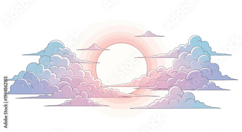 Sun behind pastel colored cloudy sky.