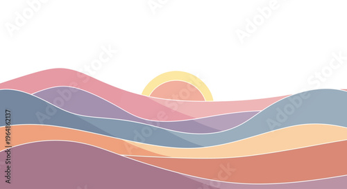 Sunrise over colorful wavy hills landscape.