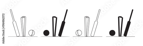 Cricket equipment icons set featuring wooden bat and ball with wicket stumps for sport logo