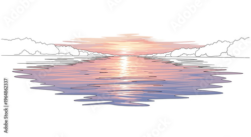 Sunset Reflected on Calm Water Surface.