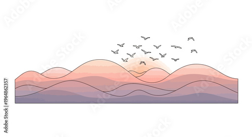 Birds flying over mountain range landscape.