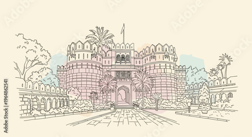 Hand drawn sketch of a historical Indian fort entrance with bastions and palm trees
