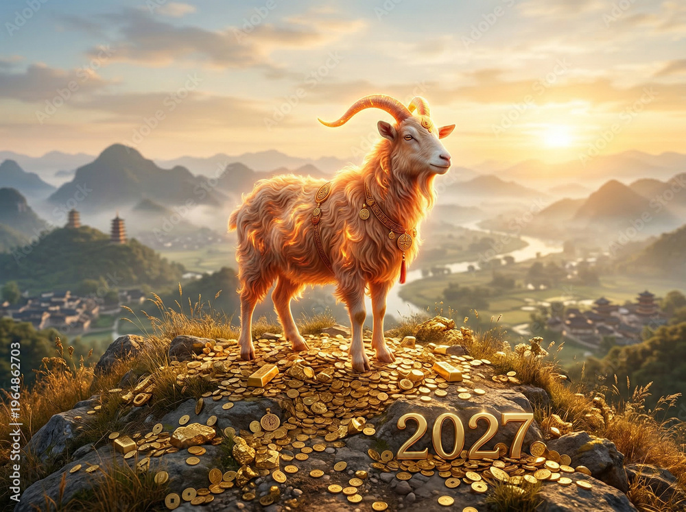 Naklejka premium Chinese New Year 2027 Year of the Fire Goat Prosperity Concept Golden sheep on mountain peak with gold coins at sunrise
