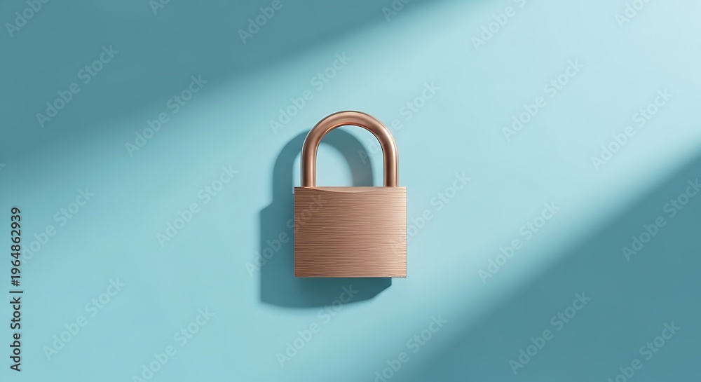 Fototapeta premium Wooden padlock security device with natural grain texture stands on a bright blue background with long diagonal shadows for data privacy concepts