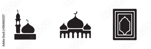 Collection of Islamic mosques and prayer mats and crescent moon symbols icon set