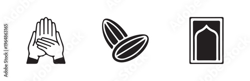 Islamic symbols hands praying dates prayer mat and crescent moon icons