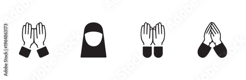 Islamic prayer hands and muslim woman wearing hijab niqab icon set silhouette vector illustration