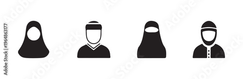 Muslim woman in hijab and niqab man in kufi islamic clothing avatar silhouette vector icon set
