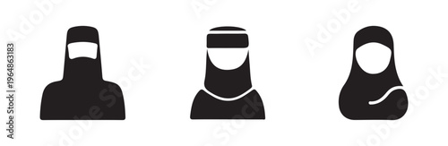 Muslim men in full face covering beards and woman in hijab crossing arms avatar vector icons