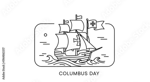 Minimalist line art illustration of a historic sailing ship on ocean waves for holiday commemoration
