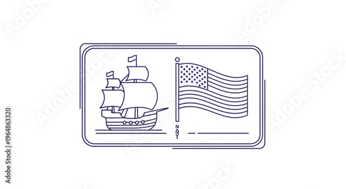 Historical Naval Vessel and Waving American Flag in Minimalist Line Art Design for Patriotic Themes