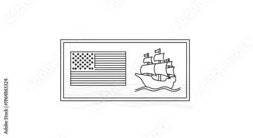Iconic American Flag and Historic Sailing Ship Nautical Emblem Line Art Outline Vector