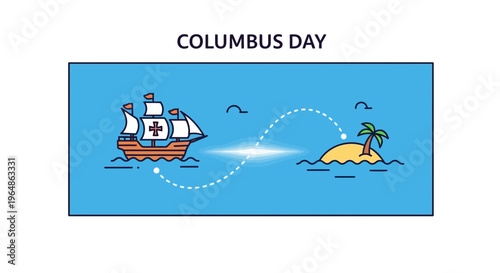 Stylized illustration depicting an old sailing ship's voyage across ocean to a tropical island
