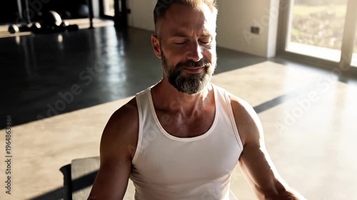 A man in a white tank top sitting on a chair in a modern room with large windows