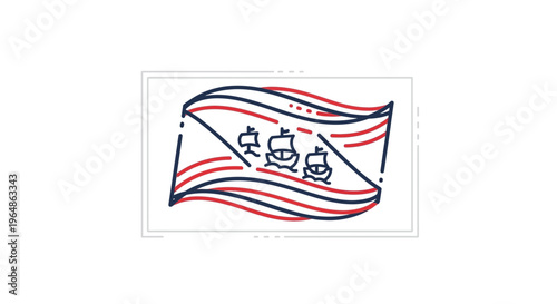 Waving Flag Outline Design with Stylized Sailboat Icons Representing Maritime Heritage and Travel.