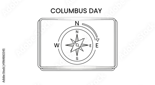 Line art depiction of Columbus Day celebration featuring a classic navigational compass design