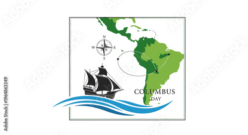 Historical maritime exploration journey with ship, compass, and continental map celebrating a