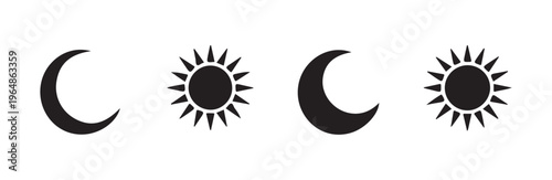 Crescent moon and sun celestial symbols set isolated vector illustration minimal black and white icons collection