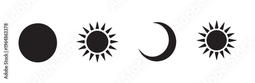 Full sun and crescent moon celestial body symbols set isolated vector illustration minimal black and white style