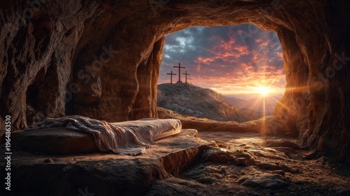 Empty tomb of Jesus with folded shroud at sunrise on Easter morning