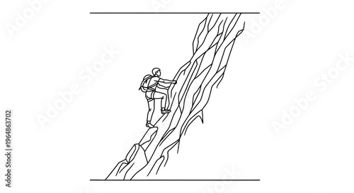 Minimalist black outline drawing depicting a determined individual ascending a rugged rock formation