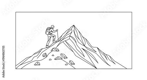 Determined solitary hiker ascending a rugged mountain peak with a backpack and trekking pole,