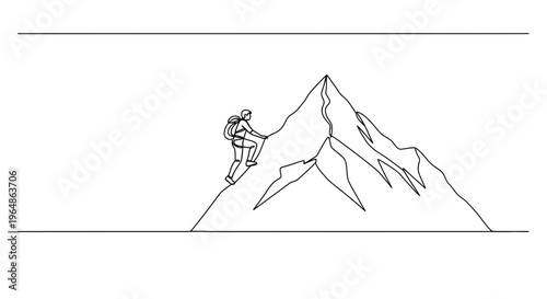Minimalist continuous line art depicting a resilient individual scaling a formidable mountain