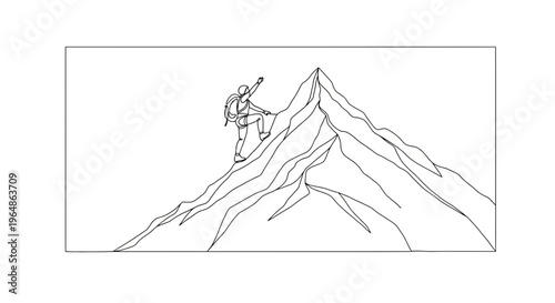 Continuous line art of a person ascending a jagged mountain peak, symbolizing triumph and reaching