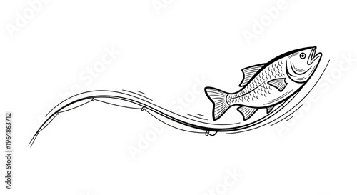 Dynamic black and white line art illustration of a lively fish caught on a bending fishing rod