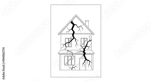 Monochrome line art depicting a two-story house with extensive structural fissures and damage