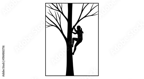 Silhouette of a determined individual scaling a robust tree with bare branches, symbolizing growth