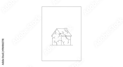Minimalist outline drawing showcasing a crumbling house with visible cracks on its structural