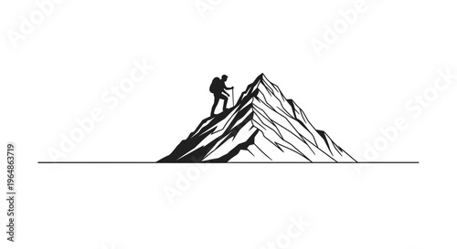 Illustrative silhouette of a backpacker conquering a steep mountain summit, symbolizing progress
