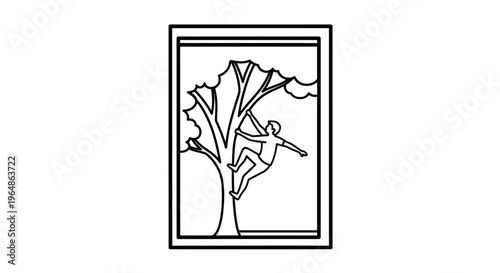 Dynamic line art illustration of an individual ascending a robust tree trunk with determination