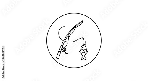 Minimalist line art icon of a fishing rod with a hooked fish inside a clean circular frame