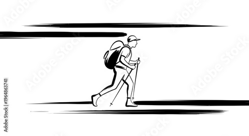 Illustrative depiction of an adventurous hiker trekking with poles and backpack showcasing outdoor