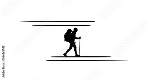 Dynamic silhouette of a person hiking with gear, symbolizing outdoor adventure and exploration