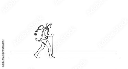 Minimalist one line drawing of a backpacker exploring outdoors with a trekking pole on an