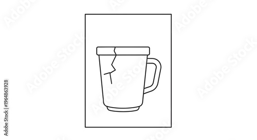 Minimalist line art illustration of a ceramic mug with a visible crack, symbolizing damage and