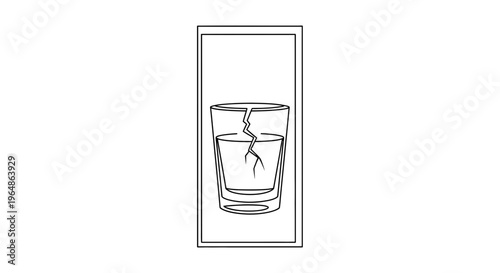 Minimalist Line Art Icon Depicting a Cracked Glass Filled with Liquid Illustrating Fragility