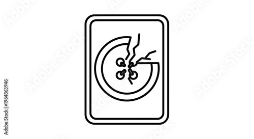 Stylized black and white line art depicting a damaged button, symbolizing garment repair or a