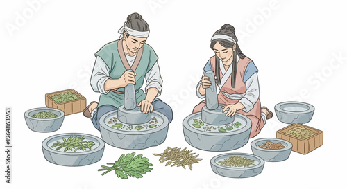 Two people preparing herbal medicine.